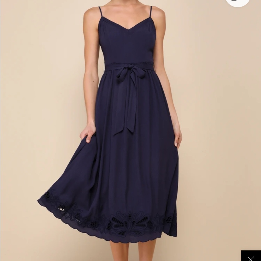 Lulus Navy Midi Dress Women’s Large Sleeveless Tie Waist Lace Hem Wedding Guest